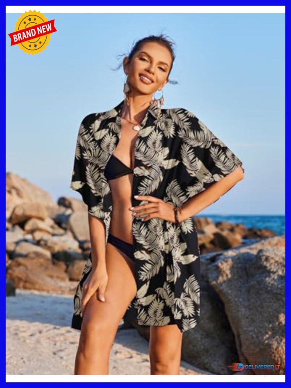 3/4 Sleeve Button Down Cover Up Loose Fit Swimsuit Beachwear - Picture 2 of 6